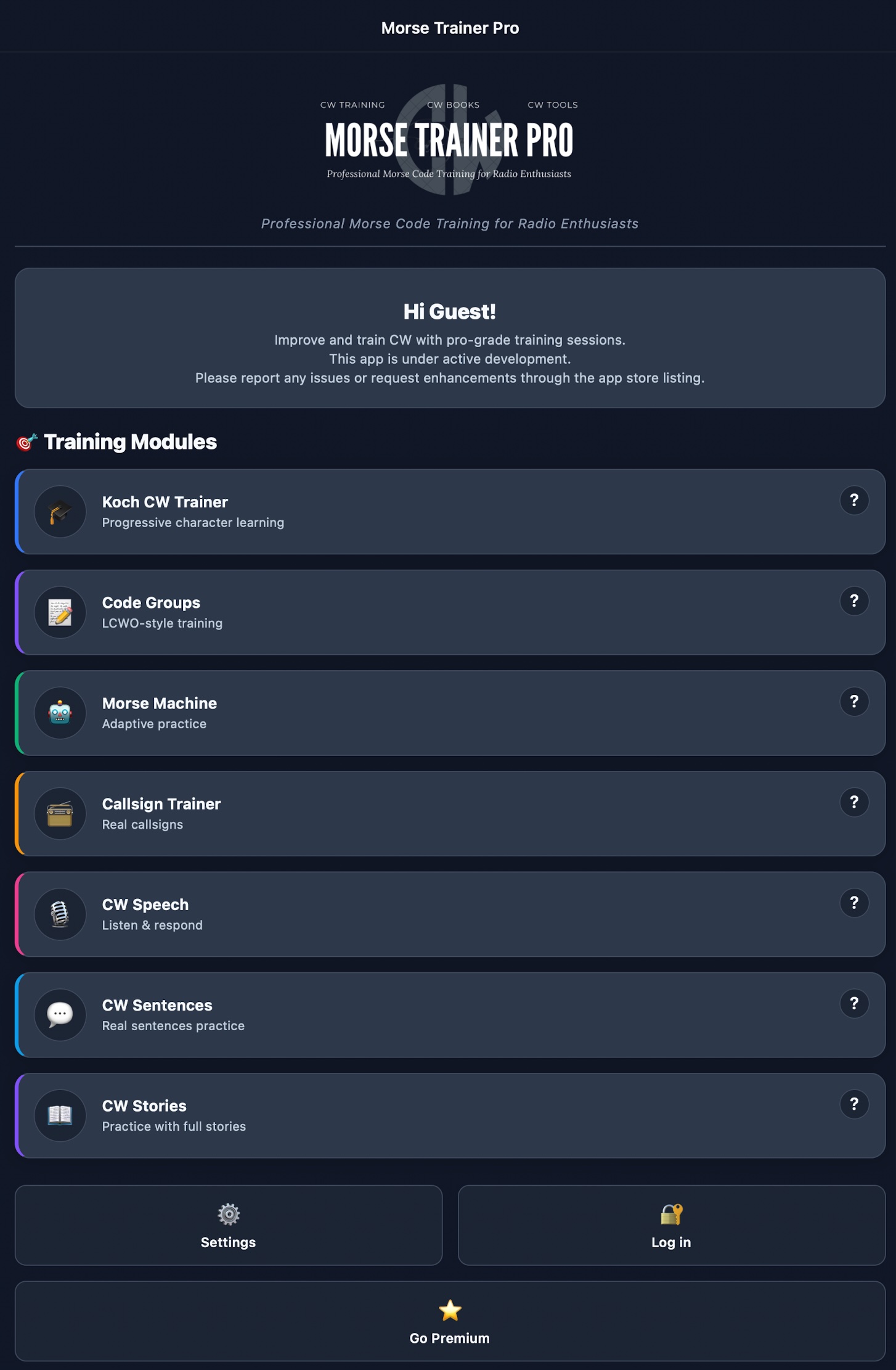 Morse Trainer Pro mobile app training modules screen