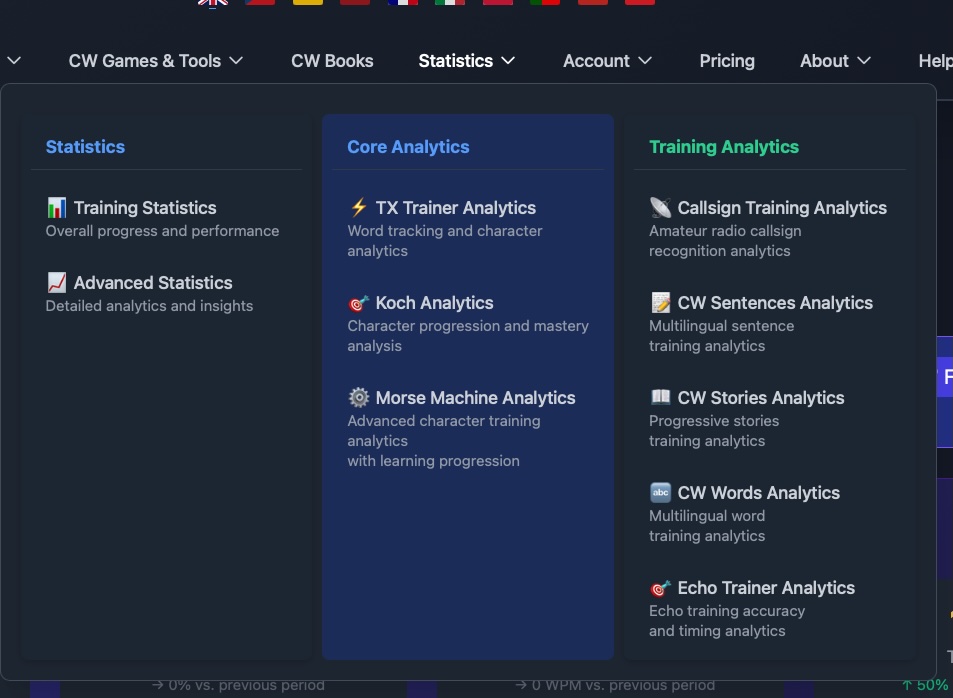 Morse Trainer Pro analytics and module navigation screenshot