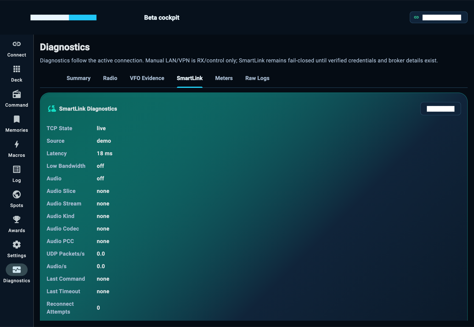 StationPilot diagnostics and SmartLink readiness screen on iPad